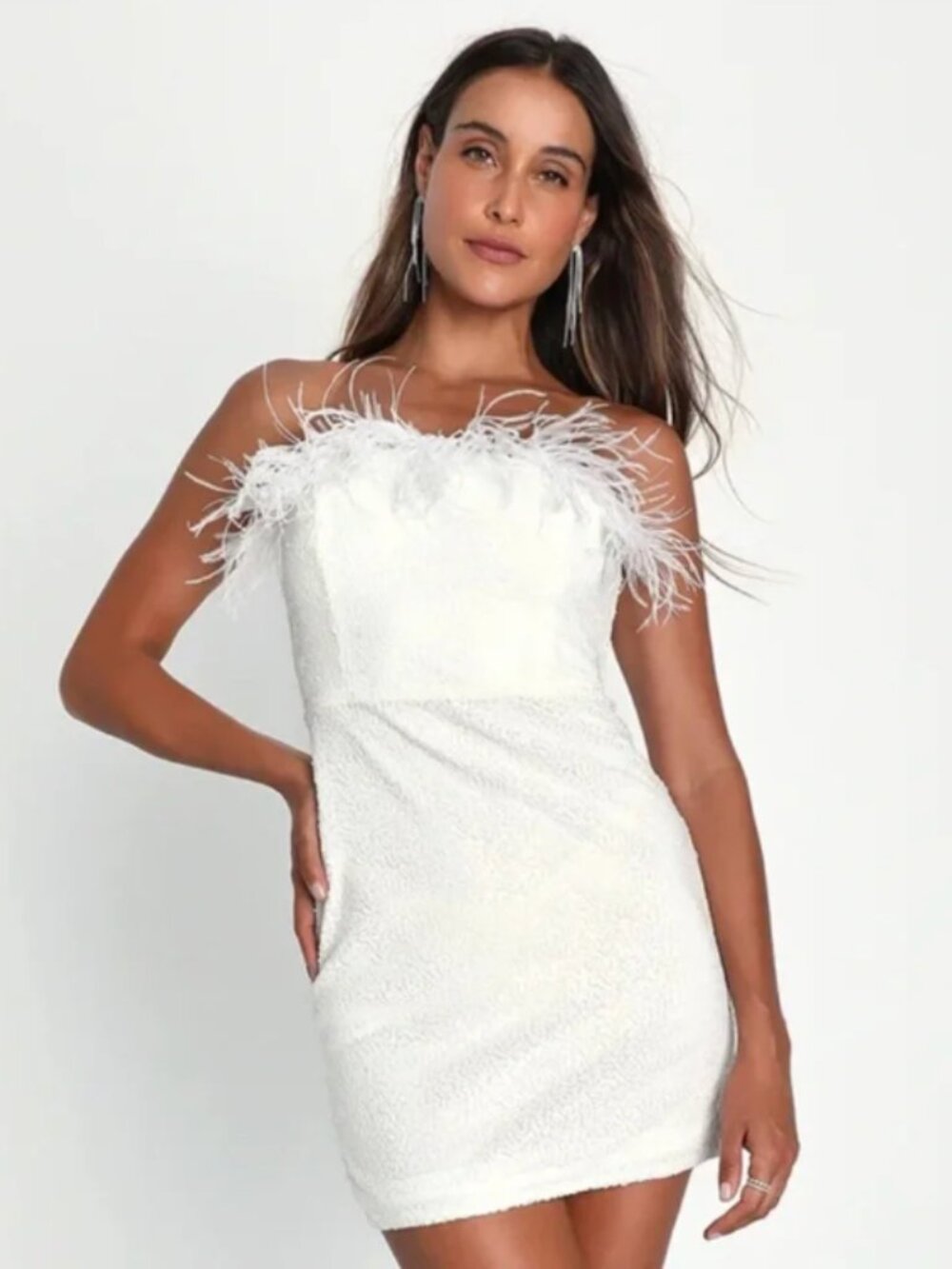 Lulus White Sequin Feather Strapless Mini Dress Size:  Medium